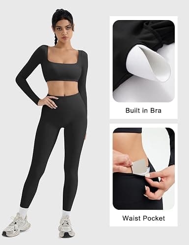 SUUKSESS Women 2 Piece Workout Sets Compression Tummy Control Leggings with Pockets Long Sleeve Square Neck Padded Crop Tops thumbnail 2