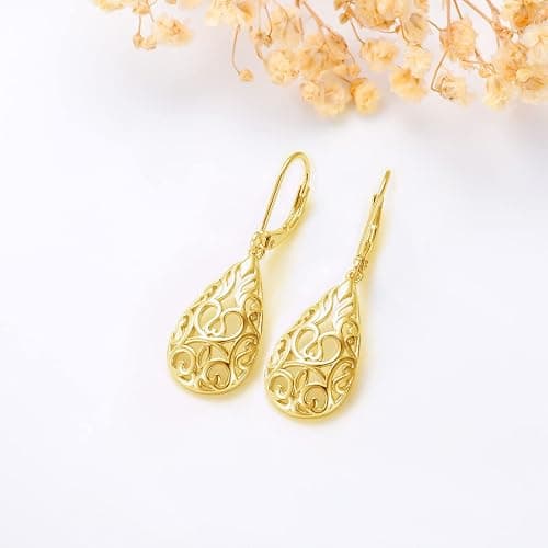 VONALA Filigree Teardrop Earrings for Women Rose Gold Plated /Gold Plated / Moonstone / Abalone / Turquoise / Blue Crystal / Green Crystal Teardrop Dangle Earrings Filigree Leverback Earrings for Women Teens Girls Birthday Gift thumbnail 3