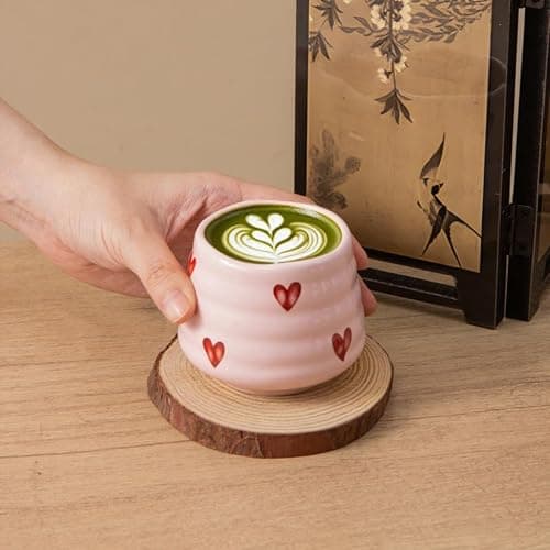 YumiPLUS 4pcs Ceramic Tea Cup Set – 160ml 5.4OZ Porcelain Pink Matcha Cup, Handless Cute Hearts Coffee Mugs for breakfast espresso/afternoon tea (Pink Love) thumbnail 2