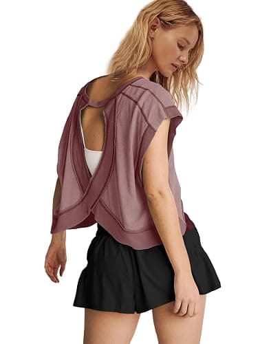 Panadila Womens Open Back Workout Top Oversized Workout T Shirts Backless Athletic Shirt Short Sleeve Baby Tee thumbnail 4