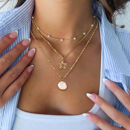 Sargetou Charm Necklaces for Women,14k Gold Plated Waterproof Dainty Choker Necklace Summer Seashell Pearl Beach Cute Necklaces Set Fashion Jewelry Gift thumbnail 3