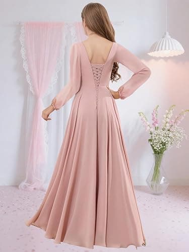 EVASIE Junior Bridesmaid Dresses Long Sleeve Chiffon Flower Girl Dress with Slit Square Neck Kids Prom Party Dress thumbnail 2