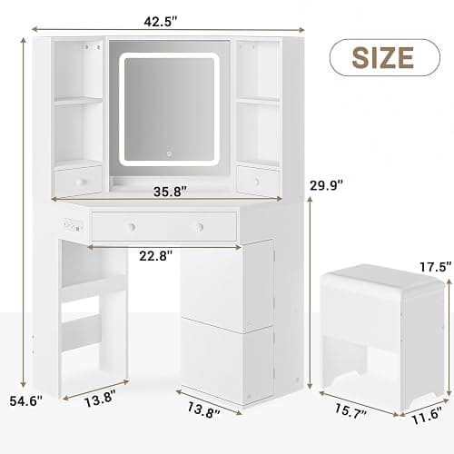 BTHFST Corner Vanity Desk with Lights and Charging Station, Makeup Vanity with Lights, Vanity Set with Mirror and Storage Stool, Makeup Table with Drawers, Rotating Shelves, White thumbnail 2