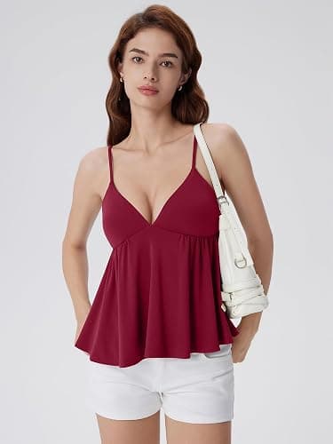 SUUKSESS Women V Neck Babydoll Tank Tops with Built in Bra Summer Cute Peplum Cami Going Out Tops thumbnail 2