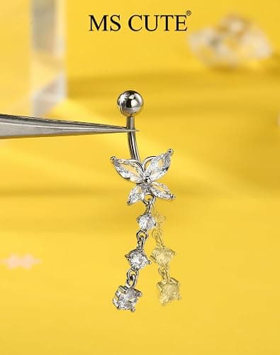 MS CUTE 5PCS Belly Button Rings for Women 14G Dangle Navel Piercing Jewelry Set Surgical Stainless Steel Body Jewelry with CZ Butterfly Flower Teardrop Barbell for Beach Festival Daily thumbnail 4