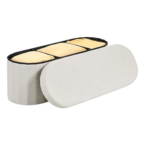 VEVOR Oval Storage Ottoman Bench, Foldable Teddy Fleece End of Bed Bench, Folding Upholstered Bed Ottoman Chest with Large Storage Space, Supports 660 lbs, for Living Room, Bedroom, Entryway, Beige thumbnail 12