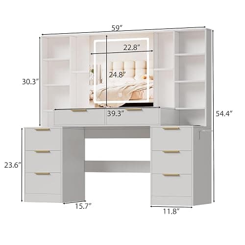 FURNJOYLIFE White Makeup Vanity Desk with Lighted Mirror & Power Outlet,3 Color Modes, Brightness Adjustable,Vanity Table with Drawer,Sliding 2 Storage Wall-Mounted Jewelry (Pure White) thumbnail 2