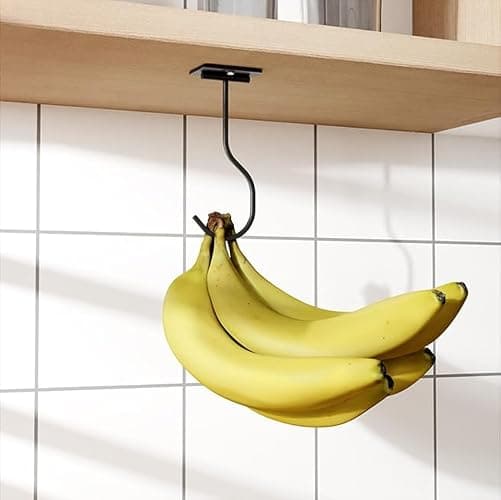 bussdis Under Cabinet Banana Hook Foldable - Adhesive Banana Hanger, Magnetic Banana Holder Hook Under Counter, Sticky Banana Hook, Metal, Black - Black - 1 Pack - Image 1