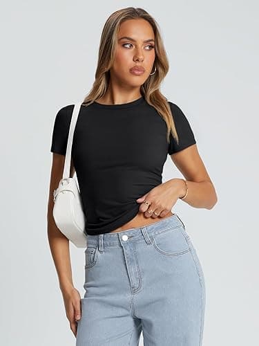 Trendy Queen Womens Basic T Shirts Summer Tops 2025 Crop Short Sleeve Slim Fit Tee Cute Gym Workout Clothes - Medium - Black thumbnail 5