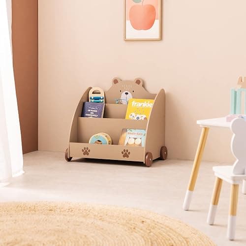 Navaris Bücherregal für Kinder - Kinderzimmer Regal für Bücher und Spielzeug aus Holz - 60 x 58 x 40 cm - Buchregal mit Rollen - Organizer Braun Bär thumbnail 6