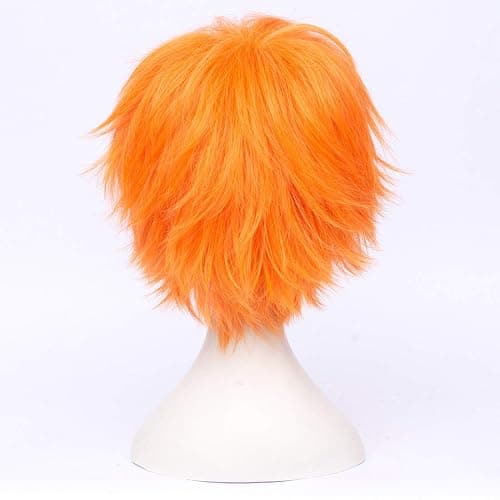 LABEAUTÉ Short Bright Orange Anime Cosplay Wig Male Men Anime Layered Unisex Heat Resistant Hair Wig with Bangs for Party and Halloween for Gift + Free Cap thumbnail 3