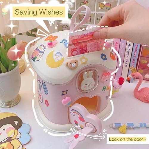 Kawaii Mushroom House Piggy Bank with Key and 3D Stickers Kids Teen Girls Money Saving Box Deposit Box Cute Kawaii Storage Box Desk Organizer Back to School Supplies (Pink) thumbnail 7