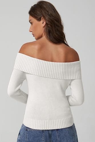 QINSEN Cotton Off The Shoulder Sweater for Women Long Sleeve Ribbed Knit Pullover Sweater Slim Fit Going Out Tops thumbnail 2