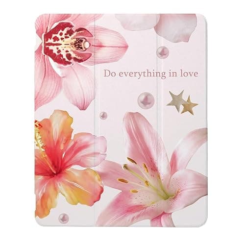 Pink Lilies and Hibiscus Flowers Case Compatible with IPad 9th 8th 7th Generation 10.9 Inch 2021/2019/2018,Funny Cover with Trifold Stand + Pencil Holder for Boys Girls,iPad Air6 11inch 2024 - Image 1