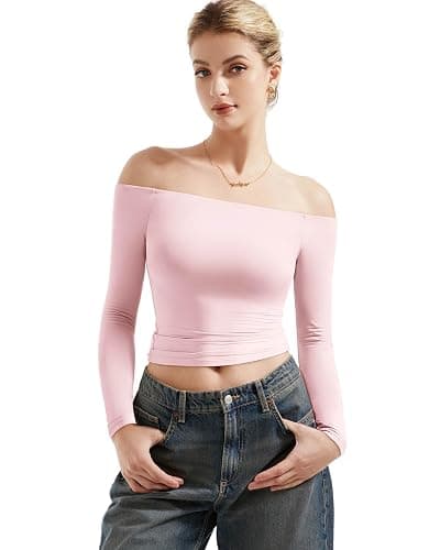 SUUKSESS Women Off Shoulder Double Lined Long Sleeve Shirts Basic Going Out Tops - Image 1