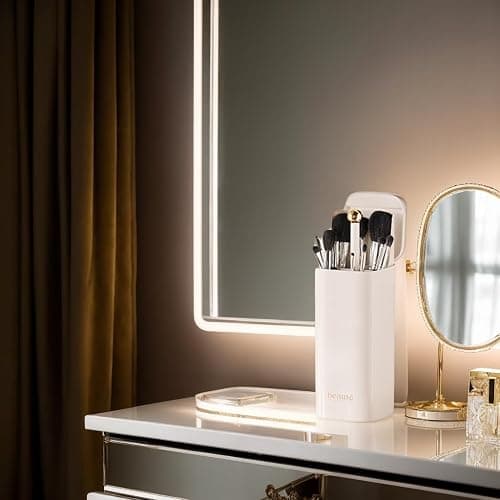 Hympuae Portable One-Touch Makeup Brush Holder Organizer With Lid, 4-Compartment Open Design, Waterproof & Dustproof Cosmetic Storage Box for Vanity Bathroom Countertop (White/Black Gold) (White) - White thumbnail 7