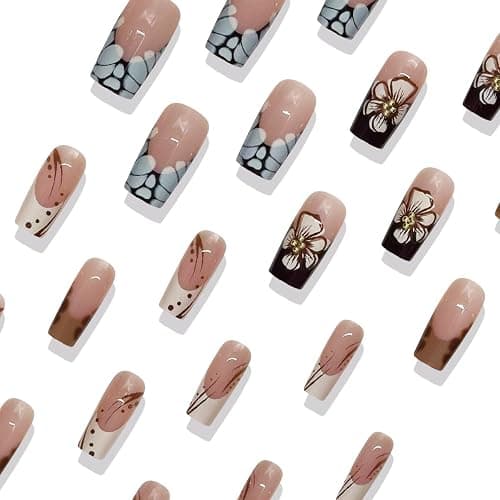 24Pcs Fall Press on Nails Medium Square Fake Nail with Leopard Print Designs French Tip 3D Flower False Nail Autumn Glue on Nails Full Cover Reusable Stick on Nails for Women Girls thumbnail 3