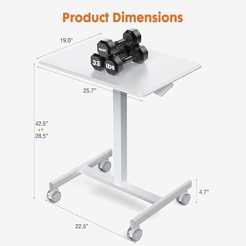 Sweetcrispy Small Mobile Standing Desk, Rolling Laptop Computer Carts, Portable Laptop Desk with Wheels, Adjustable Height Table for Home Office, White thumbnail 3