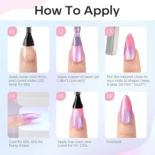 modelones Cat Eye Gel Nail Polish, 6 Colors Shimmer Pearl Magnetic Nail Drawing Set with Magnet, Iridescent Mermaid Swirl Shell Thread Purple Pink Blue Glitter, DIY Manicure Gift for Women Girl thumbnail 8