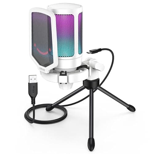 FIFINE AmpliGame USB Microphone, PC Gaming Recording Desktop Laptop Mic, RGB Streaming Podcasting Condenser Mic for Online Game, Vocal, with Mute Button, Gain Knob, Tripod Stand-A6V White - Image 1
