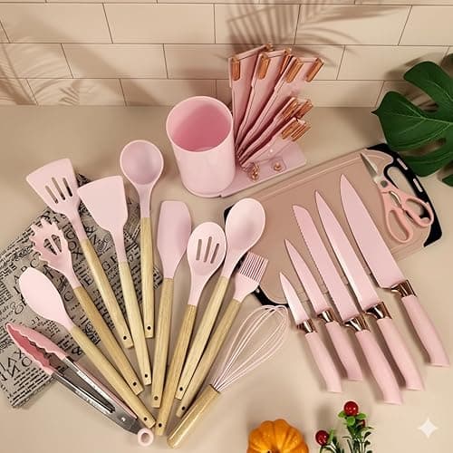 DANFFI 19-Piece Pink Kitchen Utensil Set – Silicone Cooking Tools with Wooden Handles, Non-Stick & Heat Resistant, Includes Knives, Scissors & Cutting Board – BPA-Free Kitchen Accessories thumbnail 3