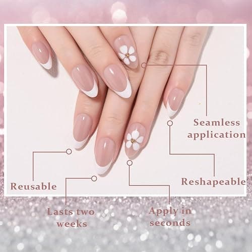Nude Pink French Press on Nails Short Almond with 3D Flower Design, White French Tip Glossy Press Glue on Nails for Women with Kit, Reusable Soft Gel Stick on Cute Fake Nail with Designs Perfectly Fit thumbnail 4
