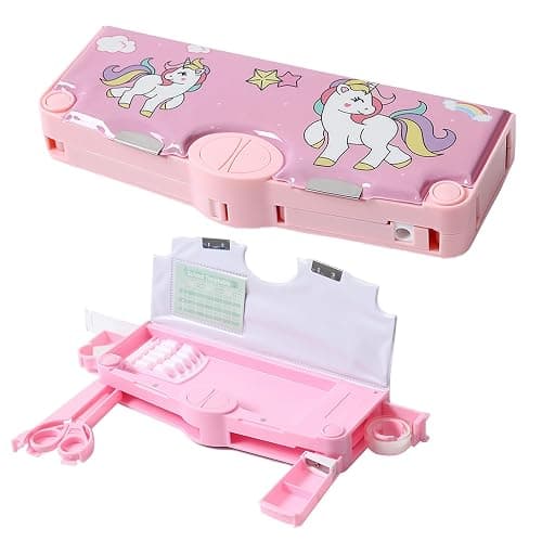 LilyBeauty Multifunction Pencil Case for Boys & Girls, Cute Cartoon Pencil Box Organizer Stationery with Sharpener, Scissors & Rule, Birthday Gifts for Kids Teens(Pink) - Image 1