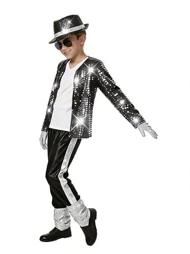 Beita Pop Star Halloween Costume Set, Black Sequin Jacket, Trousers, Hat, Gloves, 80s Retro Stage Outfit, 7 Piece thumbnail 6