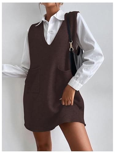 OYOANGLE Women's V Neck Sleeveless Knitted Solid Short Sweater Dress with Pockets thumbnail 3