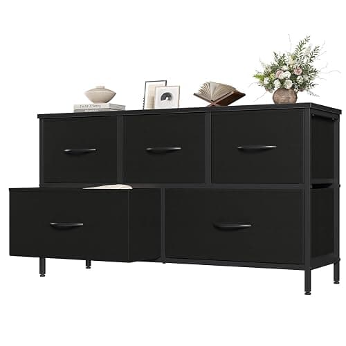 OLIXIS 5 Drawer Dresser for Bedroom, Closet Chest Organizer Furniture, TV Stand for Living Room Hallway, Wide Fabric Storage Tower with Wooden Top and Metal Frame, Black - Image 1