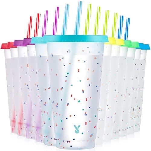 Meoky Confetti Color Changing Cups with Lids and Straws for Iced Coffee, Party, Pool - 12 Pack 24oz Reusable Plastic Tumblers for Kids and Adults - Image 1