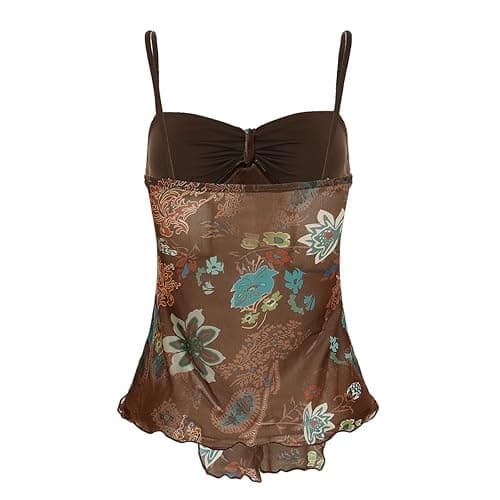 Women's Retro Printed Halter Top,Mesh Pleated Strappy Neck,Stylish Sleeveless Slim Top Base Layer thumbnail 3