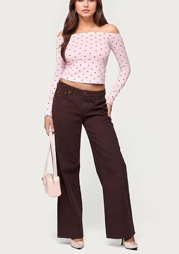 calbatic Polka Dot Off The Shoulder Crop Tops for Women Long Sleeve Slim Fit Going Out T Shirts Sexy Party Clubwear thumbnail 2