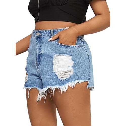 MapleHub Plus Size Denim Shorts Women High Waisted Ripped Folded Hem Jean Shorts thumbnail 5