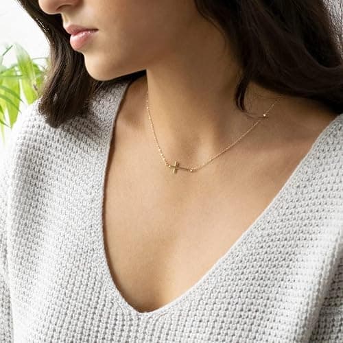 VIROMY Gold Cross Necklace for Women 14K Gold Plated Cute Sidways Cross Pendant Choker Necklaces Simple Trendy Everyday Jewelry for Women thumbnail 3