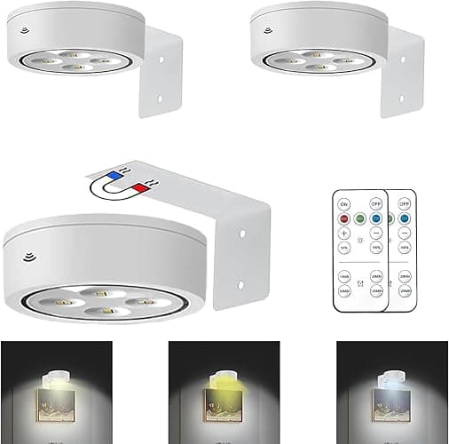 MIOBLUE 3Pack Picture Light Battery Operated Painting Lights, Wireless Magnetic Display Art Light with Remote Controls,Dimmable Timer Portrait Light for Art Frame Artworking,Wall Decor Puck Light - White - Image 1
