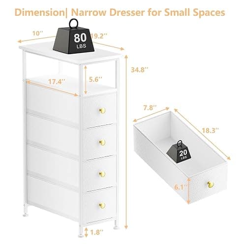YILQQPER Narrow Dresser for Bedroom, Slim Dresser Storage Tower, Chest of 4 Fabric Drawers with Wood Shelf, Bathroom Organizers and Storage for Small Spaces, Laundry, Closet, White thumbnail 3