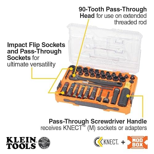 Klein Tools 65500KNECT KNECT Impact Socket Set, SAE and Metric Pass Through Socket Set, 90-Tooth Ratchet, MODbox Case, SAE, Metric, Screwdriver Handle, Bits, 39-Piece thumbnail 2