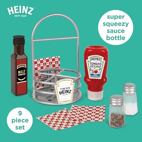 Casdon Heinz Sauce Caddy | 9-Piece Play Kitchen Set for Kids Aged 3+ | Includes Pretend Tomato Ketchup, Vinegar, Salt & Pepper Shaker, Napkins, and Caddy. thumbnail 3