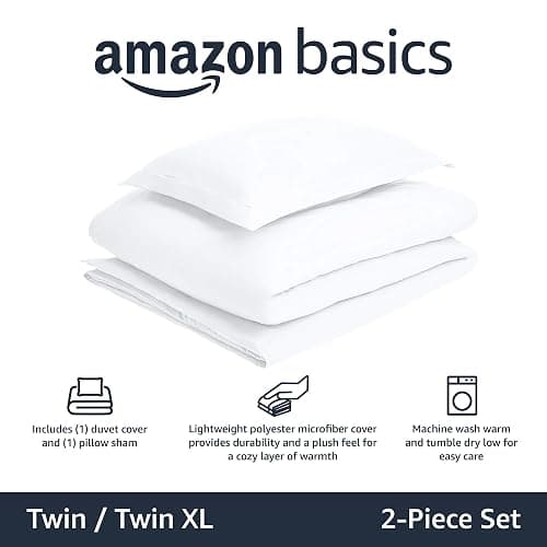 Amazon Basics Lightweight 2 Piece Microfiber Duvet Cover Set with Zipper Closure, Twin/Twin XL, Bright White, Solid thumbnail 2