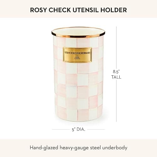 MACKENZIE-CHILDS Enamel Utensil Holder, Kitchen Utensil Holder for Countertop, Storage Caddy, Pink-and-White Rosy Check thumbnail 2