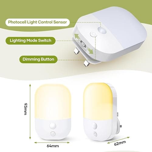 2 Pack Plug in Night Light with Dusk to Dawn Photocell Sensor, 5 Adjustable Brightness Levels, ON/Off/AUTO Modes, 3000K Warm White LED Night Light for Baby, Hallways, Stairs, Bedrooms, Kitchens, 0.3W thumbnail 2