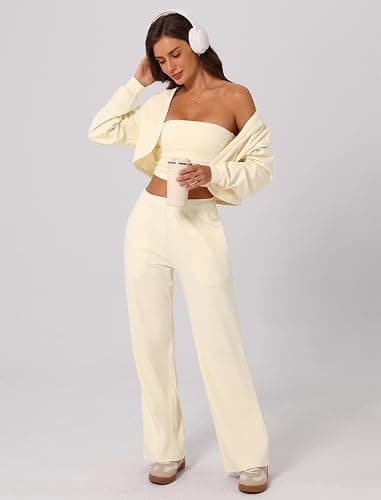 ABOCIW Womens 3 Piece Outfits Brushed Jersey Long Sleeve Hooded Cropped Shrug Bandeau Top Wide Leg Sweatpants Tracksuit thumbnail 7