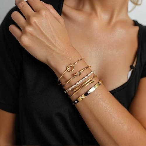 FAFUGA 18 K Gold Plated Love Bangle Bracelet Stack Cuff Jewelry for Women Jewelry Set for Women Gift with Box thumbnail 2