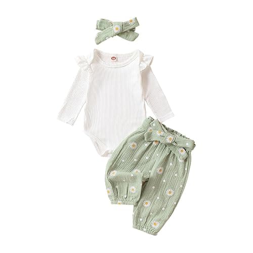 Kaipiclos Newborn Infant Girl Clothes Rib Knit Romper Daisy Print Pants Headband Baby Clothes for Girls 0 3 6 12 18 24 Months - Image 1
