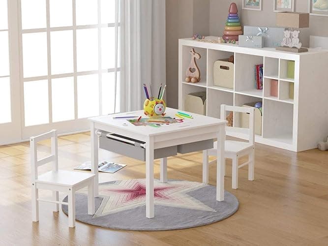 UTEX Wooden 2 in 1 Kids Construction Activity Table and 2 Chairs Set with Storage Drawers, and Built in Plate Compatible with Lego and Duplo Bricks (White with Grey Drawers) thumbnail 3