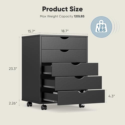 OLIXIS 5 Drawer Mobile File Cabinet Under Desk Storage Organization with Wheels Vertical Filing Chest Rolling Wood Small Desk Printer Stand for Home Office, 15.75"D x 18.74"W x 25.39"H, Black thumbnail 3