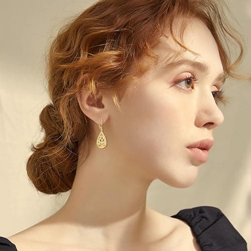VONALA Filigree Teardrop Earrings for Women Rose Gold Plated /Gold Plated / Moonstone / Abalone / Turquoise / Blue Crystal / Green Crystal Teardrop Dangle Earrings Filigree Leverback Earrings for Women Teens Girls Birthday Gift thumbnail 2