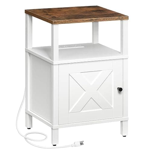MAHANCRIS Farmhouse Nightstand with Charging Station, Barn Door End Table with USB Ports and Storage Cabinet, Bedside Table for Bedroom, Small Space, White and Rustic Brown ETRW96E01 - Image 1