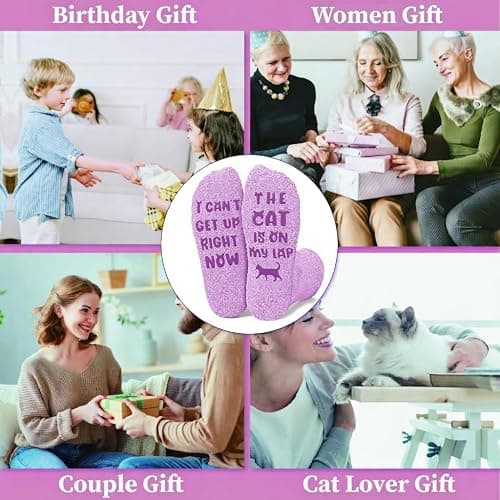 AmoraKiva Mothers Day Gifts for Mom Grandma Wife- Funny Cat Mom Fuzzy Slipper Socks thumbnail 2